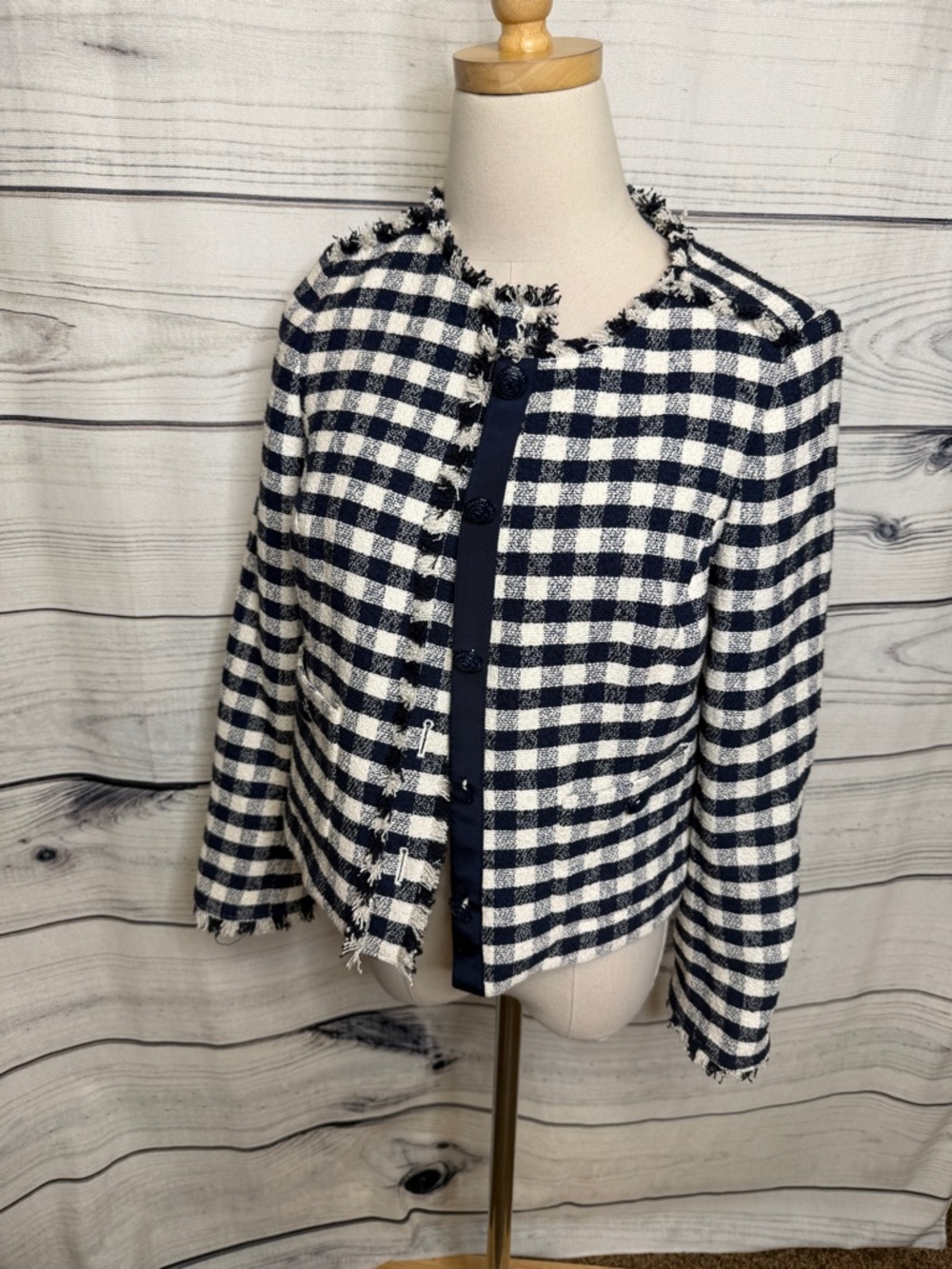 Brooks Brothers Navy and White Gingham Fringed Tweed Jacket
